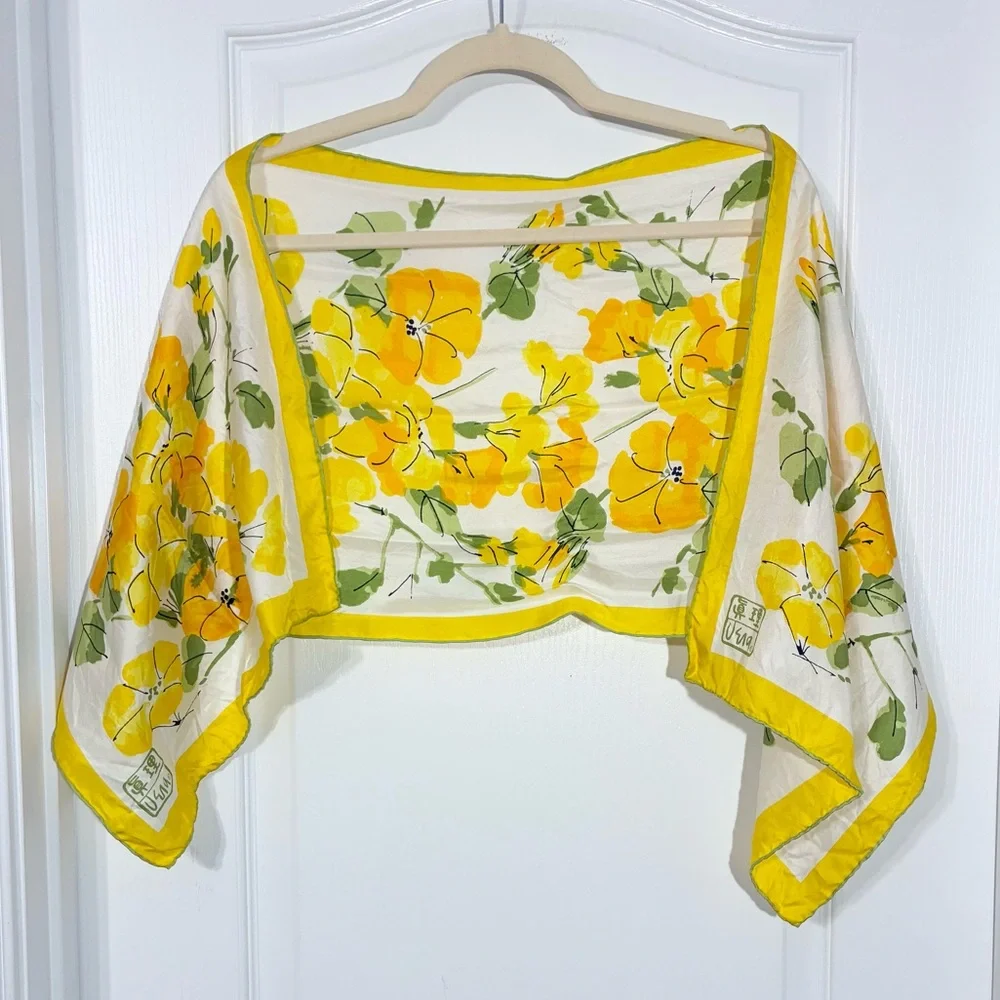 Vintage SILK Vera Neumann Floral Rectangular Scarf 44”x14” Yellow Green